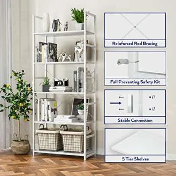 NUMENN 5 Tier Bookshelf, Tall Bookcase Shelf Storage Organizer, Modern Book Shelf for Bedroom, Living Room and Home Office, White