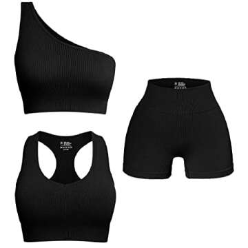 OQQ Women's 3 Piece Ribbed Seamless Exercise Scoop Neck Sports One Shoulder High Waist Active Set Bra Shorts Outfit, Black2, Small