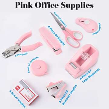 GTOTd Pink Office Supplies Desk Accessories Kit Includes Desktop Staple,Stapler,Single Hole Punch,Tape Dispenser,Stainless Steel Scissors,Small Telescopic Knife and Tape Measure