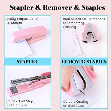 GTOTd Pink Office Supplies Desk Accessories Kit Includes Desktop Staple,Stapler,Single Hole Punch,Tape Dispenser,Stainless Steel Scissors,Small Telescopic Knife and Tape Measure