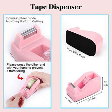 GTOTd Pink Office Supplies Desk Accessories Kit Includes Desktop Staple,Stapler,Single Hole Punch,Tape Dispenser,Stainless Steel Scissors,Small Telescopic Knife and Tape Measure