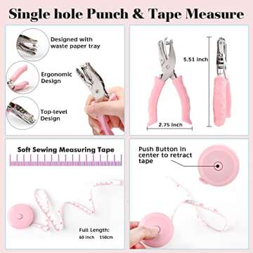 GTOTd Pink Office Supplies Desk Accessories Kit Includes Desktop Staple,Stapler,Single Hole Punch,Tape Dispenser,Stainless Steel Scissors,Small Telescopic Knife and Tape Measure