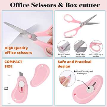 GTOTd Pink Office Supplies Desk Accessories Kit Includes Desktop Staple,Stapler,Single Hole Punch,Tape Dispenser,Stainless Steel Scissors,Small Telescopic Knife and Tape Measure
