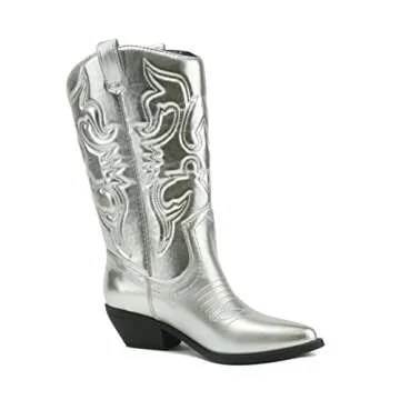 Soda Reno Women Western Cowboy Pointed Toe Knee High Pull On Tabs Boots (Silver Metallic Pu, US Footwear Size System, Adult, Women, Numeric, Medium, 8.5)