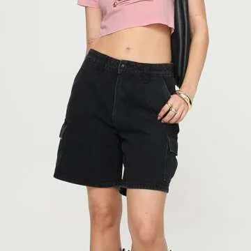 Baggy Bermuda Jean Shorts for Women Y2K Wide Leg Long Denim Shorts Vintage Knee Length Jean Jorts with Pockets (Cargo Black, S)