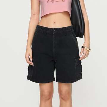 Baggy Bermuda Jean Shorts for Women Y2K Wide Leg Long Denim Shorts Vintage Knee Length Jean Jorts with Pockets (Cargo Black, S)