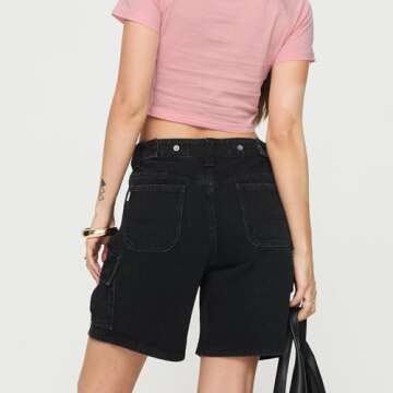 Baggy Bermuda Jean Shorts for Women Y2K Wide Leg Long Denim Shorts Vintage Knee Length Jean Jorts with Pockets (Cargo Black, S)