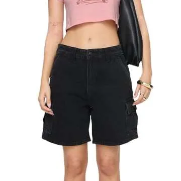Baggy Bermuda Jean Shorts for Women Y2K Wide Leg Long Denim Shorts Vintage Knee Length Jean Jorts with Pockets (Cargo Black, S)
