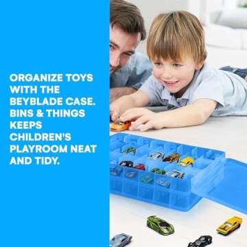 Bins & Things Hot Wheels Display Case and Toy Car Storage Organizer, Double sided 48 - Multi Compartment Plastic Car Toy Organizer Compatible with Lego, LOL Surprise Matchbox cars storage case - Blue