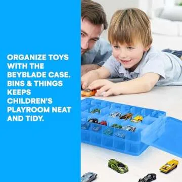 Bins & Things Hot Wheels Display Case and Toy Car Storage Organizer, Double sided 48 - Multi Compartment Plastic Car Toy Organizer Compatible with Lego, LOL Surprise Matchbox cars storage case - Blue