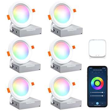 Peteme LKV Smart Led Recessed Lighting 4 Inch 6 Pack WiFi Dimmable Ceiling Lights RGBCW 10W, Cool & Warm White Controllable Downlight 800LM High Brightness Work with Alexa(2.4G Only)