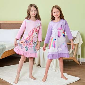 ZEBZOO Nightgowns for Girls Unicorn Dress Toddler Kids Pajamas Long Sleeve Night Gown(2-Pack,4-5 Years)