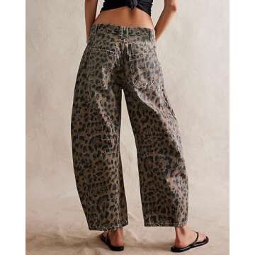 Kedera Women's Baggy Barrel Jeans - Casual & Chic Wide Leg Leopard Print
