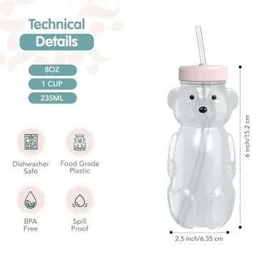 The 730 Project Honey Bear Straw Cup for Babies, 8-oz Honey Bear Cup with Lid, 3-Pack Therapy Learning Honeybear Straw Cup, Baby Honey Bear Bottle Set, Cherry Blossom PINK