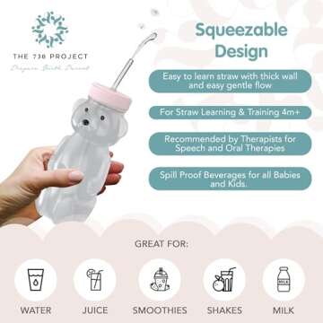 The 730 Project Honey Bear Straw Cup for Babies, 8-oz Honey Bear Cup with Lid, 3-Pack Therapy Learning Honeybear Straw Cup, Baby Honey Bear Bottle Set, Cherry Blossom PINK