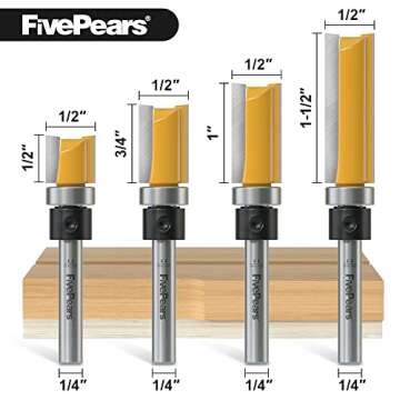 FivePears 4 PCS Pattern Flush Trim Router Bit Set 1/4 Inch Shank, Top Bearing Flush Cut Trim Router ...
