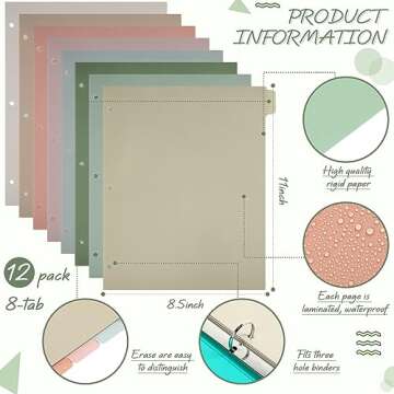 Honoson 12 Sets 8 Tab Binder Dividers for 3 Ring Binders 8.5 x 11 Inch Paper Multicolor Dividers wit...