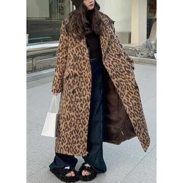 utcoco Womens Leopard Long Wool Trench Coat Notched Lapel Double Breasted Pea Coat Winter Warm Overc...