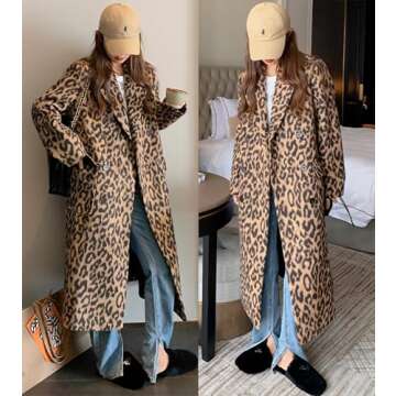 Stylish Women's Leopard Long Wool Trench Coat