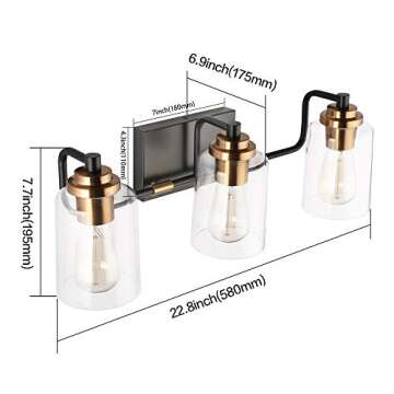 SOLFART Bathroom Light Fixtures 3-Light Vintage Bathroom Vanity Light Over Mirror Wall Sconces in Black Brass Vanity Lights for Bathroom(Brass)