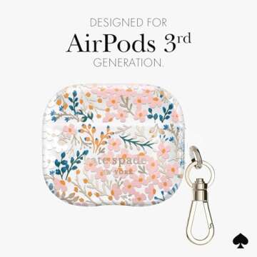 kate spade new york AirPods Protective Case with Keychain Ring - Multi Floral Rose, Compatible with Airpods 3rd Generation