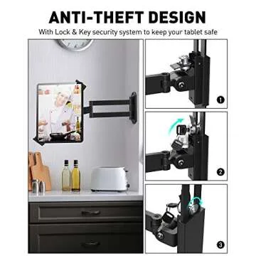 AboveTEK Tablet Wall Mount - 360° Rotation Tablet Holder Stand with Extension Arm, Anti-Theft Kitchen Mount Fits 7"-11" Tablets Including iPad Pro/Air/Mini, Galaxy Tab - Security Lock & Key - (Black)