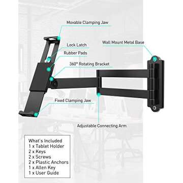 AboveTEK Tablet Wall Mount - 360° Rotation Tablet Holder Stand with Extension Arm, Anti-Theft Kitchen Mount Fits 7"-11" Tablets Including iPad Pro/Air/Mini, Galaxy Tab - Security Lock & Key - (Black)