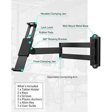 AboveTEK Tablet Wall Mount - 360° Rotation Tablet Holder Stand with Extension Arm, Anti-Theft Kitchen Mount Fits 7"-11" Tablets Including iPad Pro/Air/Mini, Galaxy Tab - Security Lock & Key - (Black)