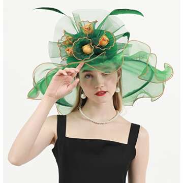 TLMNU Women Derby Church Hat Organza Flower Wedding Tea Party Fascinator Hat Wide Brim Sun Hat A1-Gr...