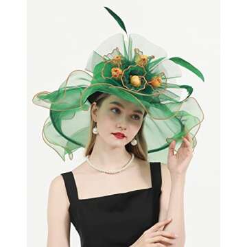 TLMNU Women Derby Church Hat Organza Flower Wedding Tea Party Fascinator Hat Wide Brim Sun Hat A1-Green with Flower