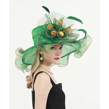 TLMNU Women Derby Church Hat Organza Flower Wedding Tea Party Fascinator Hat Wide Brim Sun Hat A1-Green with Flower