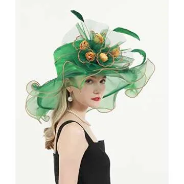 TLMNU Women Derby Church Hat Organza Flower Wedding Tea Party Fascinator Hat Wide Brim Sun Hat A1-Green with Flower