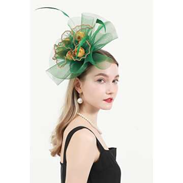 TLMNU Women Derby Church Hat Organza Flower Wedding Tea Party Fascinator Hat Wide Brim Sun Hat A1-Green with Flower