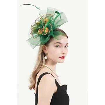 TLMNU Women Derby Church Hat Organza Flower Wedding Tea Party Fascinator Hat Wide Brim Sun Hat A1-Green with Flower