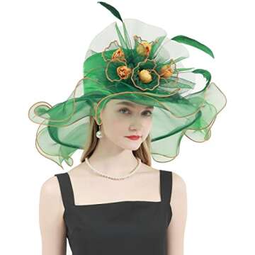 TLMNU Women Derby Church Hat Organza Flower Wedding Tea Party Fascinator Hat Wide Brim Sun Hat A1-Green with Flower