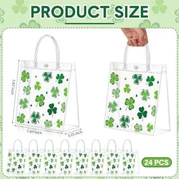 Hosuly 24 Pcs St. Patrick's Day Clear PVC Gift Bags with Handle Button Lucky Shamrock Pattern