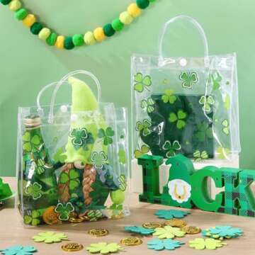Hosuly 24 Pcs St. Patrick's Day Clear PVC Gift Bags with Handle Button Lucky Shamrock Clear PVC Party Gift Bags Gift Wrap with Reusable Clear Party Favor Bags for St. Patrick's Day Party Favors
