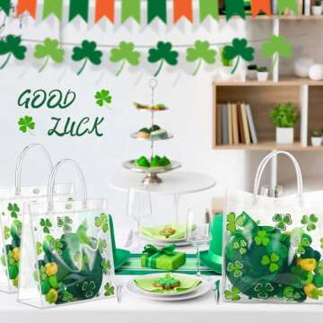Hosuly 24 Pcs St. Patrick's Day Clear PVC Gift Bags with Handle Button Lucky Shamrock Clear PVC Party Gift Bags Gift Wrap with Reusable Clear Party Favor Bags for St. Patrick's Day Party Favors