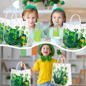 Hosuly 24 Pcs St. Patrick's Day Clear PVC Gift Bags with Handle Button Lucky Shamrock Clear PVC Party Gift Bags Gift Wrap with Reusable Clear Party Favor Bags for St. Patrick's Day Party Favors