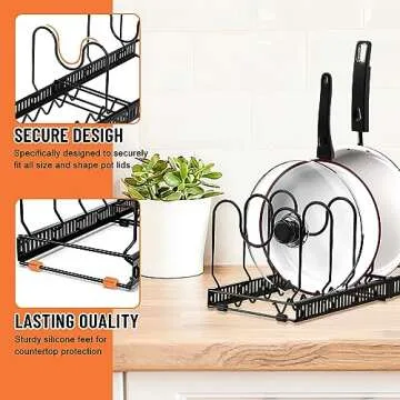 AHNR Expandable Pot and Pan Organizers Rack, 10+ Pans and Pots Lid Organizer Rack Holder, Kitchen Cabinet Pantry Bakeware Organizer Rack Holder with 10 Adjustable Compartments (Black)