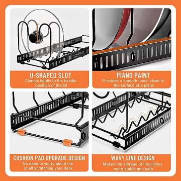 AHNR Expandable Pot and Pan Organizers Rack, 10+ Pans and Pots Lid Organizer Rack Holder, Kitchen Cabinet Pantry Bakeware Organizer Rack Holder with 10 Adjustable Compartments (Black)