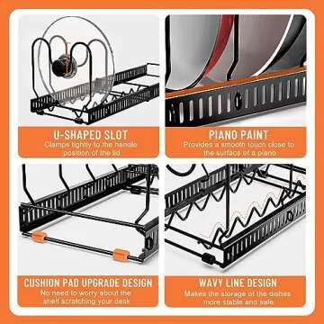 AHNR Expandable Pot and Pan Organizers Rack, 10+ Pans and Pots Lid Organizer Rack Holder, Kitchen Cabinet Pantry Bakeware Organizer Rack Holder with 10 Adjustable Compartments (Black)
