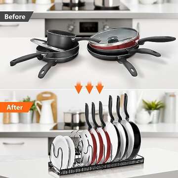 AHNR Expandable Pot and Pan Organizers Rack, 10+ Pans and Pots Lid Organizer Rack Holder, Kitchen Cabinet Pantry Bakeware Organizer Rack Holder with 10 Adjustable Compartments (Black)