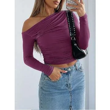Darong Women's Classic Fit Long Sleeve Boat Neck T Shirt Y2K Tight Tshirts 9026 Purple Red Small