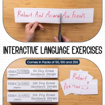 Essex Wares - 50 Pack - White - 16" Wide x 3" Tall Dry Erase Sentence Strips - Sentence Strips Cardstock - Reusable & Double Sided (Ruled & Blank) Sentence Strips for The Classroom, Home, Office