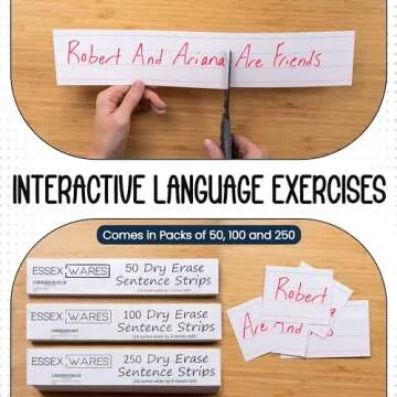 Essex Wares - 50 Pack - White - 16" Wide x 3" Tall Dry Erase Sentence Strips - Sentence Strips Cardstock - Reusable & Double Sided (Ruled & Blank) Sentence Strips for The Classroom, Home, Office