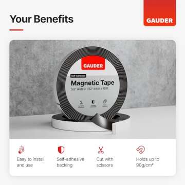GAUDER Magnetic Tape Self Adhesive (0.6 Inch x 10 Feet) | Magnetic Strips with Adhesive Backing | Magnet Roll