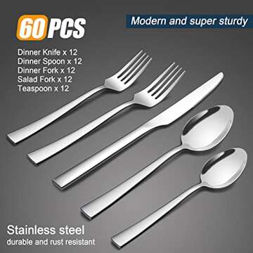 HaWare 65-Piece Flatware Set for 12, Elegant & Durable