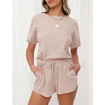 MEROKEETY Women's Short Sleeve Waffle Pajama Sets Lounge Top and Shorts 2 Piece Tracksuit Outfits, ShortBeige, S