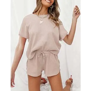 MEROKEETY Women's Short Sleeve Waffle Pajama Sets Lounge Top and Shorts 2 Piece Tracksuit Outfits, ShortBeige, S